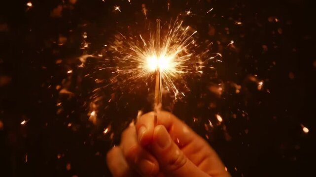 Hand holding lit sparkler against dark night sky