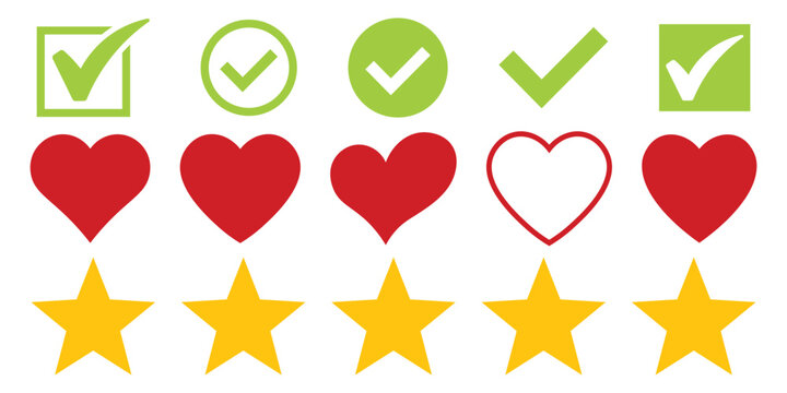 Modern green check mark arrow red love shape yellow five star colorful concept branding label mood