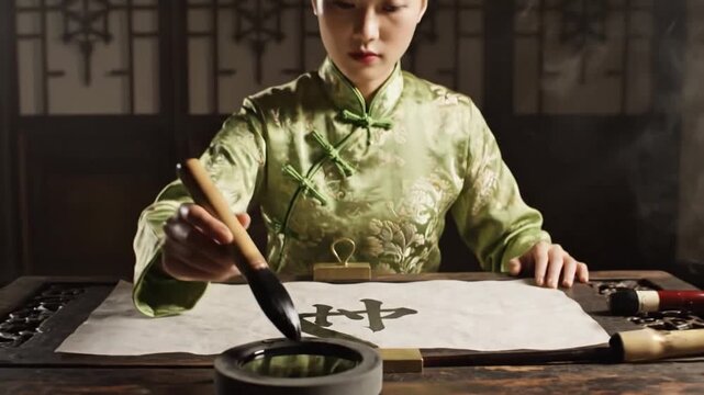 Asian Woman Painting Chinese Calligraphy On Rice Paper At Wooden Desk, Slow Deliberate Strokes With Large Brush, Sumi Ink Bowl In Foreground, Wearing Green Silk Cheongsam, Focused Hand Movement, Warm
