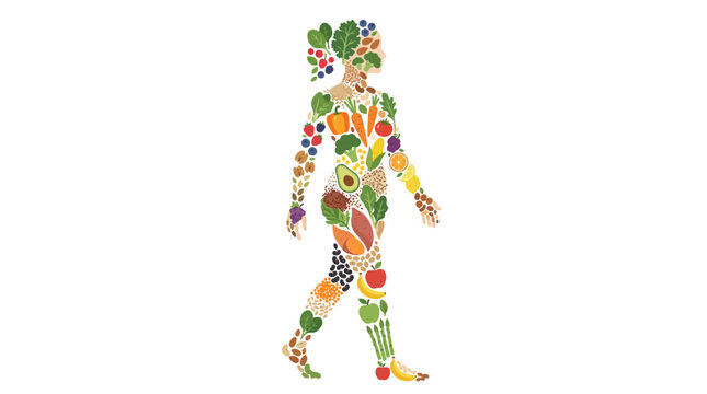 A person walks with a colorful food wit composed body parts