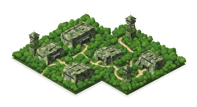 Isometric 3D rendering of a military base nestled within a dense green forest, the structures exhibiting camouflage patterns and connected by winding paths, creating a strategic and secure