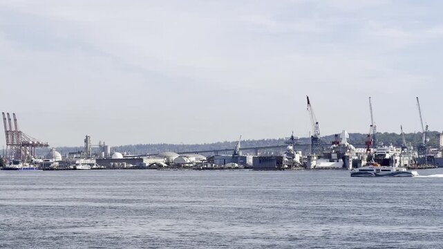 Water Taxi Passing in Front of Commercial Docks at the Port of Seattle