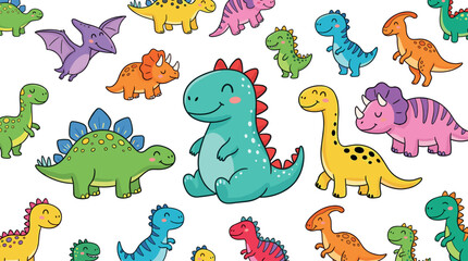 Collection of Adorable Kawaii Cartoon Dinosaur Characters Including T-Rex Stegosaurus and Triceratops for Childrens Designs © MstSuraiya