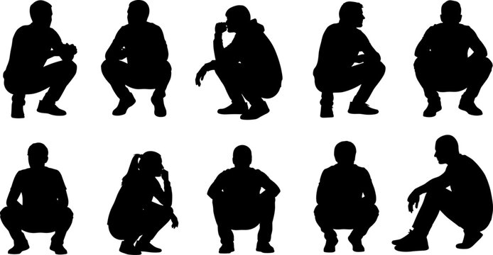 Squatting people silhouettes set showing casual sitting and resting poses isolated on white background for lifestyle and character design