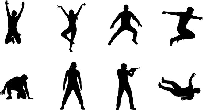 Collection of human silhouettes showing jumping dancing crouching falling and action poses isolated on white background for dynamic movement concepts