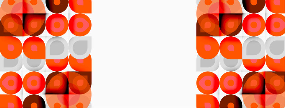 Retro pattern features repeating squares, circles, orange tones. Clean white space provides contrast, simple design.