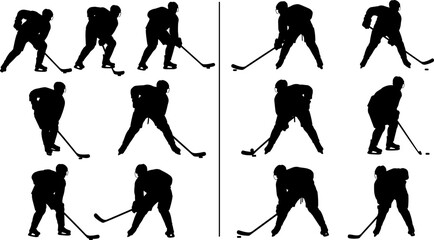 Collection of ice hockey player silhouettes showing dribbling shooting and skating poses isolated on white background for sports action concepts © Mukti