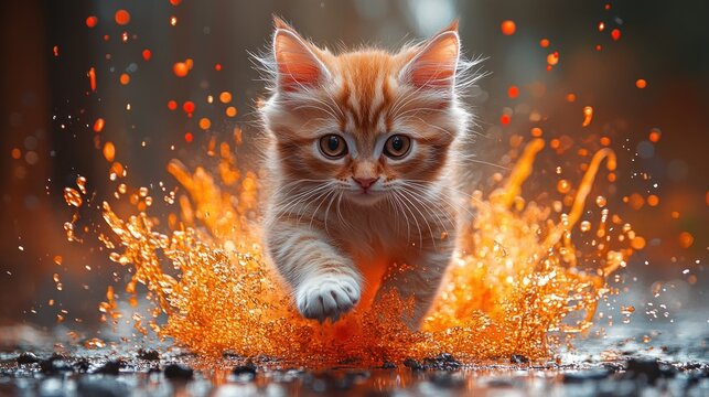 Playful ginger kitten running through splashing puddle in forest