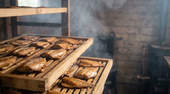 Close Up of Smoked Fish on Wooden Trays in Traditional Smokehouse Photo