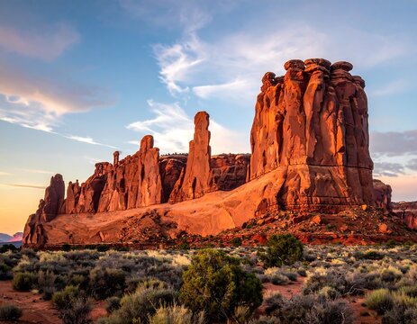 Dramatic sandstone formations under a vibrant sunset sky