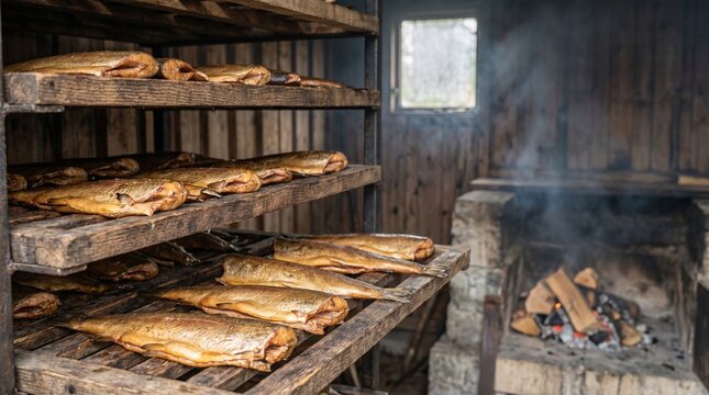 Rustic Smokehouse Interior with Rows of Fish on Drying Racks Photo