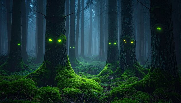 Eyes- A surreal dark forest where tree trunks have glowing 