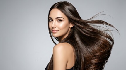 Fototapeta premium Sleek long shiny brown hair for spa care and keratin treatment styling.