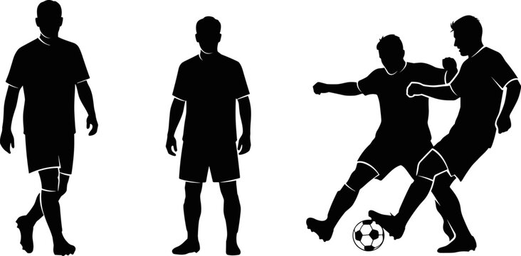 Collection of soccer player silhouettes showing standing walking and tackling poses with ball isolated on white background for sports concepts
