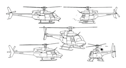 Obraz premium Set of black helicopter silhouettes on white background