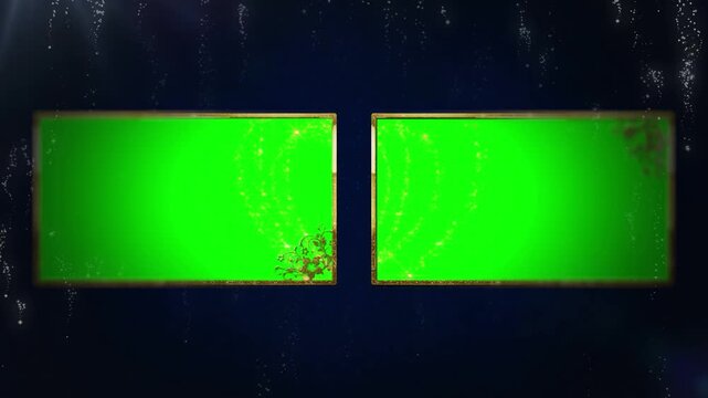 Glowing green screens with gold borders transition in a dark background