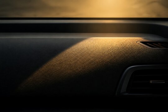 Close-up of a car's dashboard illuminated by warm sunlight, highlighting its textured surface and air vents.
