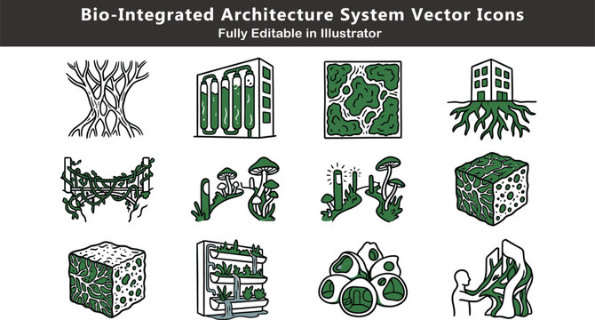 Bio-integrated architecture vector icons set, living building systems, mycelium structures, algae facades, moss walls, organic symbiotic design concepts