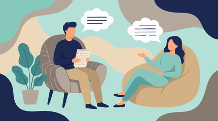 Obraz premium Psychotherapy or counseling session, two people discussing, flat illustration