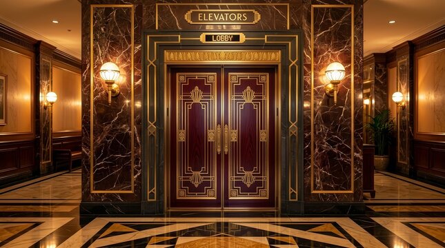 Ornate elevator doors in a luxury art deco structure with gold sconces.