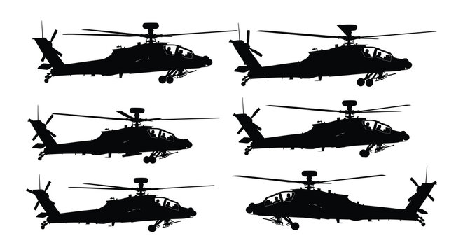 Set of black helicopter silhouettes on white background