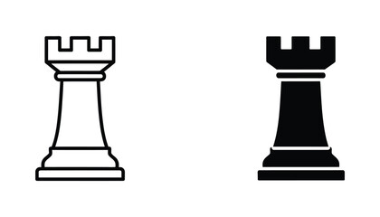 Classic chess rook piece silhouette and outline icon set for strategy games and board game branding © Ethereal