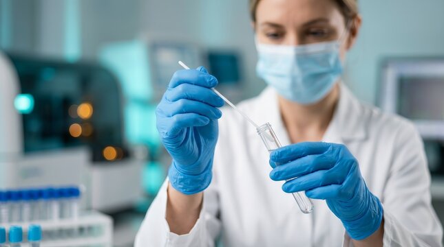 Medical professional using a swab test tube for virus detection in a laboratory.
