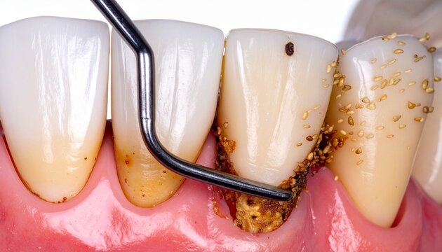 Dental Calculus: Close-up of realistic teeth with hardened tartar deposits being examined by a dental explorer tool.