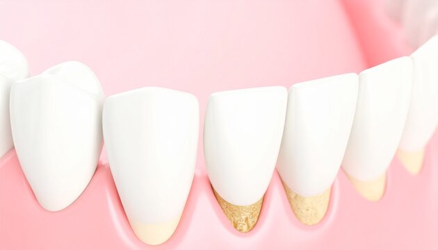 Dental Plaque: Realistic human teeth showing thin yellowish bacterial film buildup near the gumline.