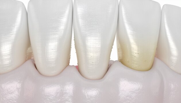 Gum Recession: Minimal clinical illustration showing receding pink gums and exposed yellowish tooth roots.