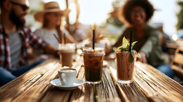 Erfrischende Sommergetr&auml;nke auf Holztisch im Stra&szlig;encaf&eacute;