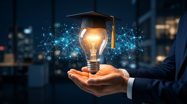 Smart learning visualization featuring an AI light bulb and graduation cap for digital transformation.