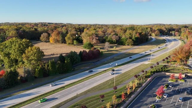 Aerial drone view of suburban highway traffic and road infrastructure in Wilmington, Delaware