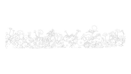 Obraz premium Hand drawn line art of diverse wildflowers and greenery forming a linear decorative element.