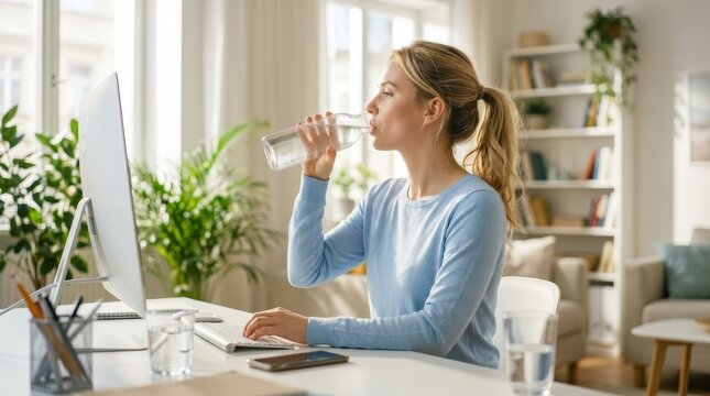 Healthy work routine featuring a woman drinking water at her computer desk during the day.