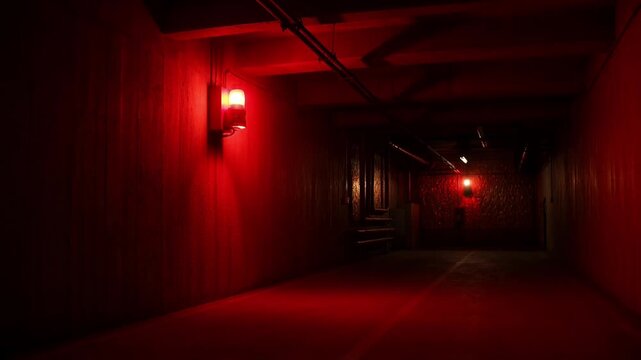 Red warning light illuminating dark industrial alley at night