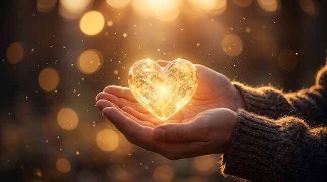 Spiritual practices of Christians shown through hands holding a luminous heart and comforting bokeh.