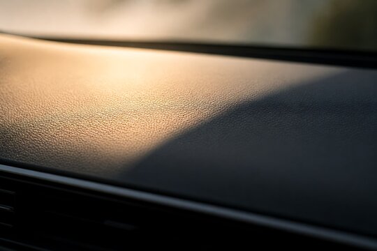 Close-up of a car's dashboard illuminated by warm sunlight, highlighting its textured surface and casting soft shadows.