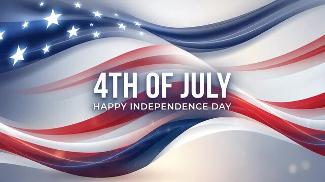 Happy 4th of July greeting, lettering text with USA flag motion background and fireworks burst, American independence day banner