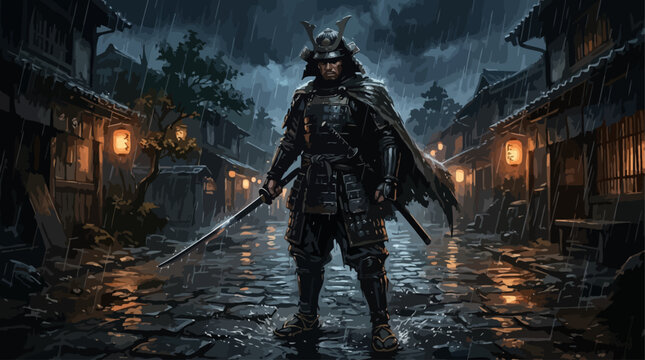 A formidable ancient warrior stands resolute in traditional armor, clutching a gleaming katana amidst the atmospheric downpour of a dimly lit, historic eastern village street