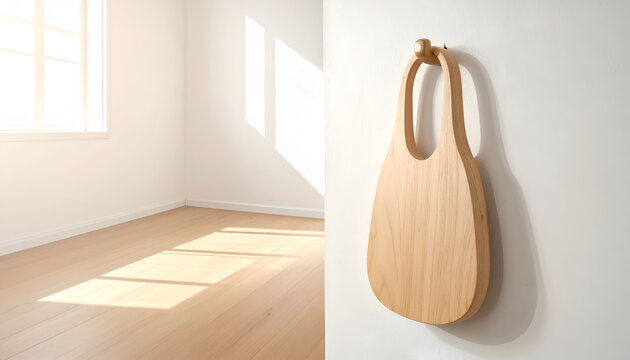 Minimalist Wooden Bag Hanging on a White Wall in a Sunlit Room.