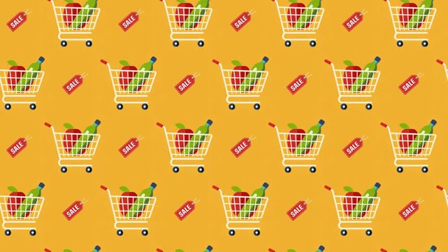 Shopping Cart and Sale Tag Seamless Pattern Background, retail discount and grocery shopping concept.