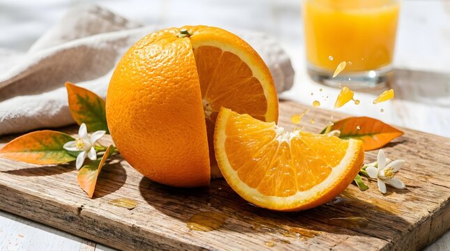 Whole and sliced orange fruit on rustic wooden surface