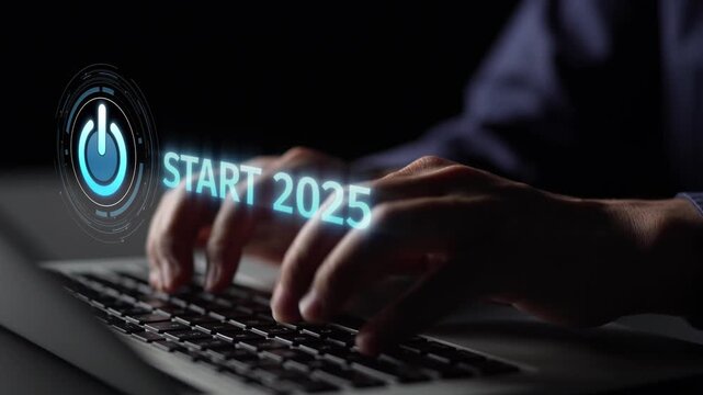 Start 2025 concept with futuristic power button symbolizing fresh beginnings, innovation, and digital transformation. Start 2025, new goals, and start 2025 initiative. Muxer