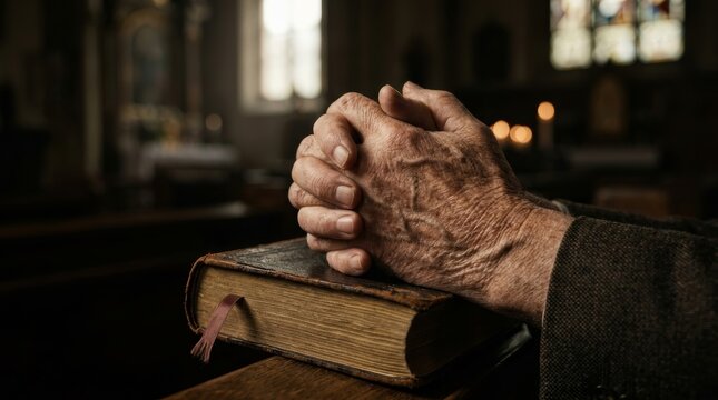 Clasped hands of a man praying over an old Bible in church during the morning.
