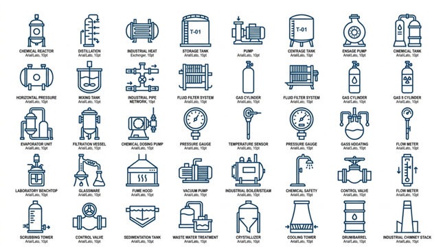 Collection of Industrial Equipment Icons and Symbols.
