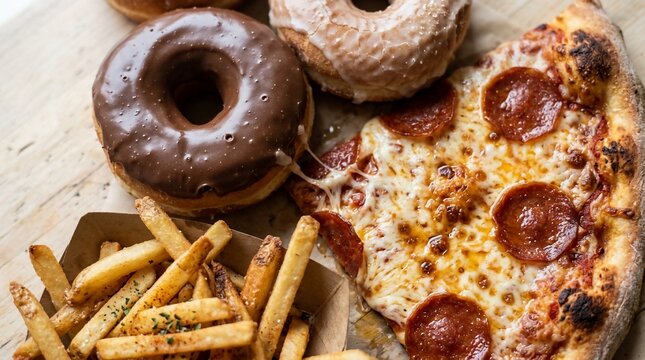 Delicious fast food: Pepperoni pizza, golden fries, and sweet donuts on wood.