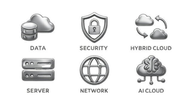 Collection of icons featuring security, servers, cloud systems, and network protection.