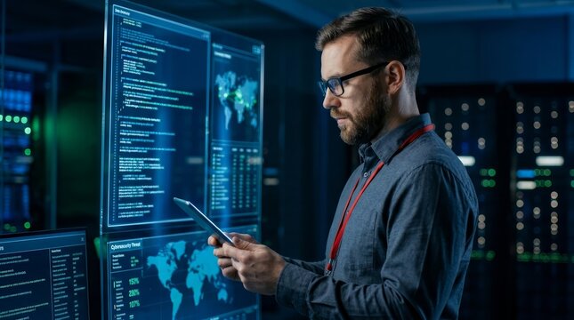 Professional IT specialists performing a network security audit with digital interfaces.