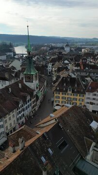 Historic streets and buildings of the old town of Solothurn, Switzerland aerial vertical video reel